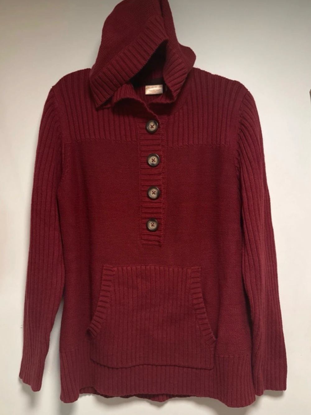 Northcrest Hooded Button-Front Sweater in Deep Burgundy Maroon Layer Cozycore Lg